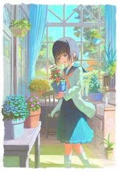 Rule 34 | 1girl, blue eyes, blue flower, blue sailor collar, blue skirt, blue sky, book, bookshelf, border, bottle, brown hair, cardigan, chair, chest of drawers, commentary, curtains, desk, feel (nasitaki), feet out of frame, flower, hanging plant, highres, holding, holding plant, indoors, irregular border, looking down, neckerchief, open mouth, original, pink flower, plant, pleated skirt, potted plant, red flower, red neckerchief, rug, sailor collar, scenery, short hair, skirt, sky, smile, socks, tree, white border, white cardigan, white flower, white socks, window, wooden floor