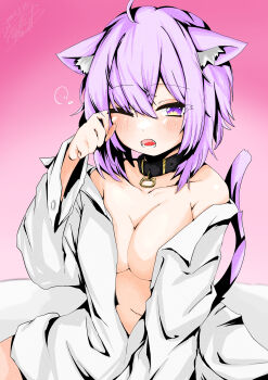 absurdres ahoge animal_ear_fluff animal_ears aoi_rt0 breasts cat_ears cat_girl cat_tail collar collarbone dated highres hololive large_breasts navel nekomata_okayu one_eye_closed pink_background purple_eyes purple_hair purple_tail tail virtual_youtuber