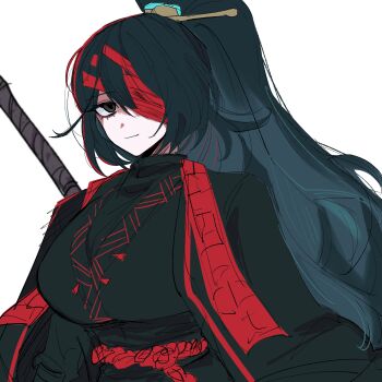 1girl absurdres bandage_over_one_eye black_eyes black_hair black_hanfu chinese_clothes closed_mouth family_hierarch_candidate_(identity)_(project_moon) genderswap genderswap_(mtf) hanfu high_ponytail highres hong_lu_(project_moon) limbus_company long_hair looking_at_viewer one_eye_covered ponytail project_moon red_bandage red_shrug rope_belt sei02080308 shrug_(clothing) simple_background solo white_background xiao_guan_(headdress)