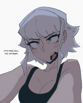 1girl black_tank_top breasts cleavage english_text grey_eyes grey_hair highres large_breasts open_mouth original sanpaku serious shibansfw short_hair sidelocks simple_background solo talking tank_top upper_body white_background