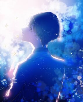 1boy absurdres black_eyes black_hair black_shirt coat flower glowing highres kim_dokja lens_flare looking_back male_focus omniscient_reader&#039;s_viewpoint open_clothes open_coat roellm shirt short_hair solo upper_body white_coat