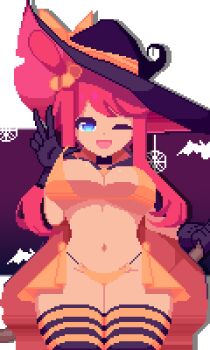 1girl bikini blue_eyes gloves halloween_costume highres linetheart long_hair looking_at_viewer nintendo one_eye_closed pixel_art pokemon pokemon_bw red_hair silk skyla_(pokemon) spider_web swimsuit thighhighs v wink