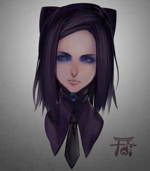 1girl black_hair black_necktie blue_eyeshadow closed_mouth commentary_request cropped_shoulders ergo_proxy eyelashes eyeshadow grey_background highres lips looking_to_the_side makeup necktie portrait re-l_mayer sideways_glance solo turtleneck yuuten