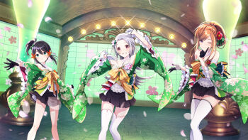 3girls bare_shoulders black_hair cherry_blossoms detached_sleeves floral_print frilled_sleeves frills hair_ornament highres idol japanese_clothes kaede_(lapis_re:lights) lapis_re:lights long_hair multiple_girls music nadeshiko_(lapis_re:lights) official_art one_eye_closed open_mouth orange_hair short_hair singing smile stage thighhighs tsubaki_(lapis_re:lights) white_hair white_thighhighs