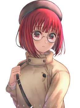 Rule 34 | 1girl, absurdres, arima kana, artist name, beret, black hat, bob cut, brown-framed eyewear, brown coat, coat, glasses, hat, highres, inverted bob, long sleeves, looking at viewer, oshi no ko, parted lips, ra torens, red eyes, red hair, round eyewear, short hair, simple background, solo, upper body, white background