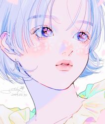 Rule 34 | 1girl, artist name, blue eyes, blue hair, close-up, dated, earrings, jewelry, light blue hair, looking to the side, original, parted bangs, parted lips, portrait, short hair, sidelocks, signature, simple background, solo, white background, yoshino ganko