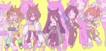 5girls ;) agnes_tachyon_(tach-nology)_(umamusume) agnes_tachyon_(umamusume) animal_ears betti_(xx_betti) black_jacket black_pants black_pantyhose blue_shoes blue_skirt chibi coat cup dantsu_flame_(center_spotlight)_(umamusume) dantsu_flame_(umamusume) fuji_kiseki_(shooting_star_revue)_(umamusume) fuji_kiseki_(umamusume) full_body highres holding holding_cup horse_ears horse_girl jacket jungle_pocket_(champion&#039;s_battle_cry)_(umamusume) jungle_pocket_(umamusume) legs_apart long_hair manhattan_cafe_(creeping_black)_(umamusume) manhattan_cafe_(umamusume) medium_hair multiple_girls navel one_eye_closed open_mouth outstretched_arms pants pantyhose shoes skirt smile umamusume white_coat yellow_background
