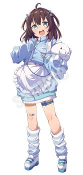 1girl :d ahoge apron bandaid bandaid_on_leg blue_bow blue_jacket blush bow brown_hair commentary_request frilled_apron frills green_eyes hair_between_eyes hair_bow highres hololive hugging_object jacket jersey_maid looking_at_viewer loose_socks maid natsuiro_matsuri natsuiro_matsuri_(jersey_maid) okota_mikan open_mouth shadow shoes simple_background smile socks solo striped_clothes striped_socks stuffed_animal stuffed_toy teddy_bear teeth track_jacket two_side_up unconventional_maid upper_teeth_only virtual_youtuber white_apron white_background white_shoes