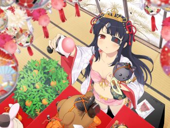 Rule 34 | 1girl, :o, architecture, black hair, blunt bangs, blush, bow, bra, collarbone, decorations, doll, east asian architecture, eyepatch, flat chest, floral print, floral print kimono, food, fruit, game cg, hair ribbon, hat, hina ningyou, hinadan, hinamatsuri, hirabitai, holding, holding doll, indoors, japanese clothes, kariginu, kimono, layered clothes, layered kimono, leaf, long hair, mandarin orange, mirai (senran kagura), mitsudomoe (shape), mochi, navel, object request, official art, ofuda, ofuda on clothes, open mouth, pelvic curtain, pink bra, pink skirt, print kimono, red eyes, red ribbon, revealing clothes, ribbon, ribbon-trimmed thighhighs, ribbon trim, saishi, senran kagura, senran kagura new link, shouji, side slit, skirt, sliding doors, solo, sparkle, standing, tassel, tatami, tate eboshi, thighhighs, tomoe (symbol), underwear, wagashi, waist bow, white kimono, white thighhighs, yellow bow, yellow ribbon