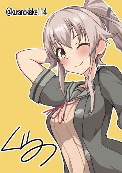 1girl black_jacket brown_eyes commentary_request grey_sailor_collar hair_flaps highres jacket kantai_collection kurano_kisuke long_hair neck_ribbon pink_hair ponytail red_ribbon ribbon sailor_collar school_uniform serafuku short_sleeves signature smile solo twitter_username yellow_background yura_(kancolle) yura_kai_ni_(kancolle)