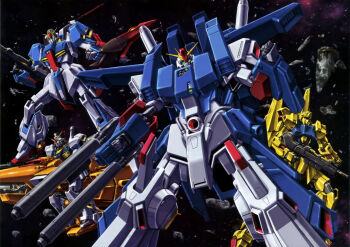 1990s_(style) aeug artist_request asteroid beam_cannon beam_rifle cable chest_cannon energy_gun fleet full_armor_zz_gundam gundam gundam_mk_ii gundam_perfect_file gundam_team gundam_zz hyaku_shiki machinery mecha mecha_focus mobile_suit no_humans official_art promotional_art retro_artstyle riding robot scan science_fiction shield space spacecraft starfighter traditional_media v-fin weapon zero_gravity zeta_gundam_(mobile_suit)