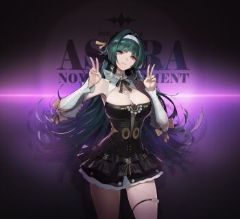 1girl astra_yao astra_yao_(chandelier) black_dress black_hair breasts character_name cleavage closed_eyes commentary cowboy_shot double_v dress earrings hairband her_story highres jewelry large_breasts long_hair looking_at_viewer necklace official_alternate_costume pearl_necklace purple_background purple_eyes solo thigh_beads v white_hairband zenless_zone_zero