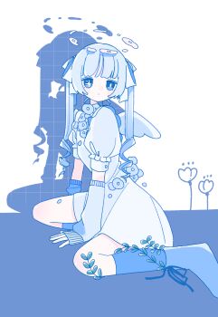 1girl angel angel_wings arm_warmers blue_theme boots dress flower halo highres kneehighs long_hair looking_at_viewer original puffy_short_sleeves puffy_sleeves shadow short_dress short_sleeves sitting socks sskitaco twintails wings