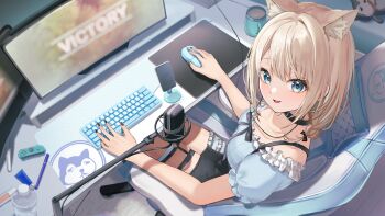 1girl absurdres animal_ears black_bow black_bowtie black_choker black_collar black_nails black_skirt black_suspenders blue_dress blue_eyes blue_shirt blush bow bowtie breasts cat_ears cellphone chair choker closed_mouth collar collarbone colored_inner_hair computer computer_keyboard computer_mouse controller desk dress frilled_shirt frills from_above game_controller gaming_chair grey_hair hair_between_eyes hair_bow hair_ribbon handheld_game_console highres holding holding_controller horo_27 indoors itoi_toi_(2nd_costume) itoi_toi_(neo-porte) light_smile livestream looking_at_viewer medium_breasts medium_hair microphone miniskirt monitor mousepad_(object) multicolored_hair multiple_monitors neo-porte nintendo_switch off_shoulder on_chair parted_lips phone plastic_bottle playing_games puffy_sleeves ribbed_sleeves ribbon shirt short_sleeves side_slit sidelocks sitting skirt smartphone solo sparkling_eyes studio_microphone suspenders swivel_chair thigh_strap victory virtual_youtuber