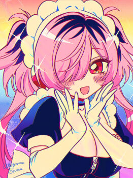 Rule 34 | 1girl, :d, akiyama enma, blush, hair over one eye, highres, maid, maid headdress, meruru (ningen maid robot meruru), ningen maid robot meruru, open mouth, pink hair, rainbow background, rainbow gradient, smile