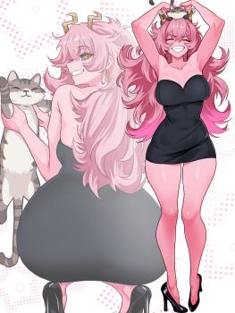 1girl ^_^ absurdres animal animal_on_head armpits ashido_mina ashido_mina_time-skip_(meme) ass black_dress black_sclera black_shoes blush boku_no_hero_academia breasts cat cleavage clenched_teeth closed_eyes colored_sclera colored_skin commentary_request dress earrings from_behind full_body grin highres hoop_earrings horns jewelry large_breasts legs long_hair looking_at_viewer looking_back multiple_views on_head pink_hair pink_skin shoes smile spanish_commentary squatting standing teeth thighs vlizz yellow_eyes yellow_horns