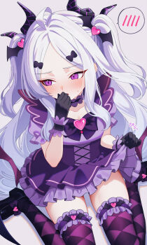 1girl absurdres ahoge argyle_clothes argyle_thighhighs averting_eyes black_gloves black_shoes blue_archive blush breasts clothes_lift commentary_request covering_own_mouth demon_girl demon_horns demon_wings dress dress_lift frilled_dress frills gloves highres hina_(blue_archive) horns karaage_(xxxmido02) lifting_own_clothes long_hair looking_to_the_side low_wings magical_girl open_mouth puffy_short_sleeves puffy_sleeves purple_dress purple_eyes purple_horns purple_thighhighs purple_wings shoes short_sleeves simple_background sitting small_breasts solo speech_bubble spoken_blush thighhighs two_side_up very_long_hair wariza wavy_hair white_background white_hair wings