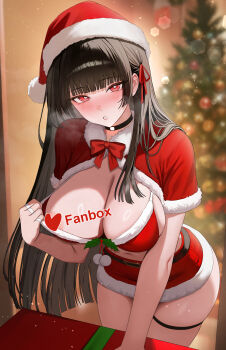 1girl absurdres alternate_costume areola_slip black_choker black_hair blurry blurry_background blush bow bowtie bra bra_pull breasts capelet censored censored_by_text chisa_(wuthering_waves) choker christmas_tree cleavage clothes_pull commentary fur-trimmed_bra fur-trimmed_skirt fur_trim hat highres indoors kuraha2877 large_breasts leaning_forward long_hair looking_at_viewer mole mole_under_eye navel paid_reward_available parted_lips red_bow red_bowtie red_bra red_capelet red_eyes red_skirt santa_hat skirt solo thigh_strap thighs underwear very_long_hair wuthering_waves