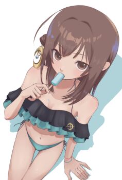 1girl bikini blunt_bangs blush breasts brown_eyes brown_hair cleavage eating food food_on_body food_on_breasts frilled_bikini frills hair_bun hair_ornament highres long_bangs looking_at_viewer medium_breasts medium_hair navel popsicle protagonist_(sengoku_musou_chronicle) sengoku_musou sengoku_musou_chronicle side-tie_bikini_bottom sitting solo solo_focus swept_bangs swimsuit thighs