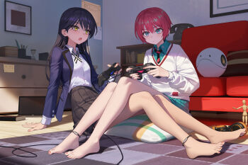 2girls amate_yuzuriha antique_phone barefoot black_hair black_jacket black_necktie black_skirt book carpet closed_mouth commentary controller couch english_commentary game_controller green_eyes green_shirt green_skirt gundam gundam_gquuuuuux hair_between_eyes hand_on_ground haro highres holding holding_controller holding_game_controller hourglass indoors jacket long_hair long_sleeves multiple_girls necktie nyaan_(gundam_gquuuuuux) open_mouth phone pillow playstation_controller pleated_skirt red_hair red_necktie shirt short_hair sitting skirt sweater two-tone_necktie white_shirt white_sweater xzu yellow_eyes