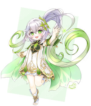 1girl :d absurdres alternate_hair_length alternate_hairstyle bloomers blush bracelet commentary dated detached_sleeves dress full_body genshin_impact gradient_hair green_eyes green_hair green_sleeves hair_between_eyes hand_up highres jewelry leg_up long_hair looking_at_viewer multicolored_hair nahida_(genshin_impact) open_mouth riosnowleopard side_ponytail signature sleeveless sleeveless_dress smile solo star-shaped_pupils star_(symbol) stirrup_legwear symbol-shaped_pupils toeless_legwear toes underwear very_long_hair white_bloomers white_dress white_hair