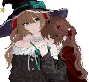 2girls biting black_dress blood blue_eyes bow broken_heart broken_heart_hair_ornament cape closed_eyes closed_mouth commentary commission demon_horns dress english_commentary evil_neuro-sama fang hair_ornament hair_ribbon hat hat_bow heart heart_hair_ornament horns long_hair long_sleeves multiple_girls neuro-sama red_cape red_horns red_ribbon ribbon second-party_source seeledayo siblings simple_background sisters skin_fang twins upper_body vampire vedal_ai virtual_youtuber white_background witch witch_hat