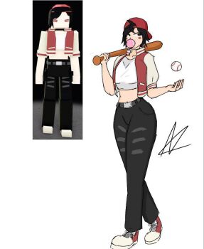 Rule 34 | black hair, black pants, breasts, crop top, cropped jacket, non-web source, pants, player character (roblox), roblox, short hair, sleeves rolled up