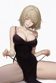 1girl absurdres blonde_hair breasts closed_eyes dungeon_meshi falin_touden highres holding large_breasts short_hair simple_background solo tagme yorelle_ml