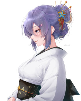 Rule 34 | absurdres, comb, commentary, english commentary, from side, hair between eyes, hair bun, hair ornament, hair stick, hairclip, highres, hololive, hololive indonesia, horisu (kholiskun), japanese clothes, kimono, moona hoshinova, purple eyes, purple hair, smile, twitter username, virtual youtuber, white background