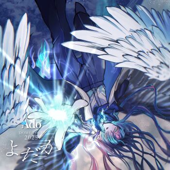 1girl ado_(utaite) black_pants blue_fire blue_hair chando_(ado) commentary feathered_wings fire gloves hashtag-only_commentary highres long_hair looking_at_viewer open_mouth oyashirazu_(adochan_daisuki) pants solo upside-down utaite white_gloves wings