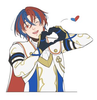 1boy blue_hair commentary crossed_bangs fire_emblem fire_emblem_engage fumiko_(290976767) hair_between_eyes heart heart_hands highres looking_at_viewer male_alear_(fire_emblem) male_focus multicolored_hair nintendo prince red_eyes red_hair short_hair split-color_hair symbol-only_commentary two-tone_hair