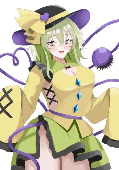 1girl absurdres black_hat blush breasts cleavage commentary_request cross-laced_clothes green_eyes green_hair green_skirt hat hat_ribbon heart heart_of_string highres komeiji_koishi looking_at_viewer medium_hair no_panties open_mouth oshimai ribbon shirt simple_background skirt solo teeth third_eye touhou upper_teeth_only white_background yellow_ribbon yellow_shirt