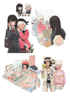 4girls :d absurdres anger_vein bag bags_under_eyes bathing black_hair black_jacket black_suit blazer blunt_bangs character_doll character_print chocolate_making_disaster_(meme) clenched_hand clinging closed_eyes collared_shirt commentary couple doll failure food food_in_mouth formal_clothes glowstick hair_ornament hairclip hand_fan hasumi_leia headband highres holding holding_glowstick hydrokinesis instant_cup_noodles instant_noodles jacket jogasaki_noah leaning_on_person long_hair long_sleeves looking_at_another mahou_shoujo_no_majo_saiban mask meme merchandise mouth_mask multiple_girls multiple_views necktie nikaido_hiro open_mouth oshikatsu otaku pajamas paper_fan penlight_(glowstick) pink_shirt pink_sweater popsicle popsicle_in_mouth red_necktie saeki_miria sakuraba_ema same-sex_bathing shared_bathing shirt short_hair shorts shoulder_bag sitting slippers smile speech_bubble spill spoilers spring_onion standing suit sunglasses surgical_mask sweater t-shirt tablet_pc talking_on_phone towel tsukishiro_yuki uchiwa untranslatable_commentary water wavy_mouth white_hair white_shirt white_shorts yang_yu_sanjiao