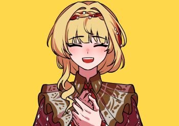 Rule 34 | 1girl, ^ ^, blonde hair, braid, braided bangs, brown dress, cloak, closed eyes, dress, facing viewer, haihaiera, hands up, kiperina, open mouth, own hands together, portrait, red cloak, reverse:1999, simple background, smile, solo, straight-on, teeth, upper teeth only, yellow background