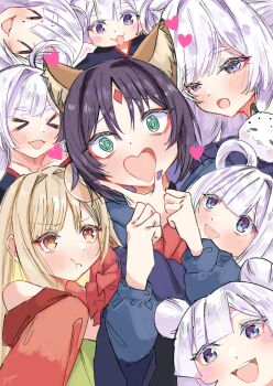 >_< 6+girls @_@ ^_^ animal_ears black_hair blonde_hair blue_kimono blue_nails blush cho_kaguya-hime! closed_eyes commentary double_bun forehead_jewel fox_ears fox_girl fushi_(cho_kaguya-hime!) hair_bun hand_on_another's_cheek hand_on_another's_face heart heart-shaped_mouth highres hug japanese_clothes jealous kimono kotori_photobomb long_hair megumi_kei multiple_girls nail_polish open_mouth pout red_kimono runami_yachiyo runami_yachiyo_(chibi) sakayori_iroha white_hair yuri