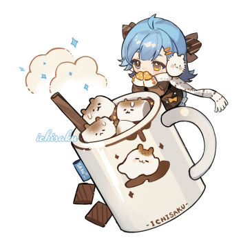 1girl ahoge artist_name blue_hair blue_skirt blush bow brown_bow brown_coat chibi chibi_only coat coffee commentary cup food grey_eyes hair_bow hair_ornament hairclip hands_up heterochromia ichisaku long_hair long_sleeves marshmallow mittens mug original parallel_hairclips pleated_skirt scarf simple_background skirt solo white_background white_scarf yellow_eyes yellow_mittens