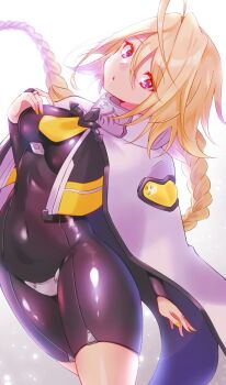 1girl absurdres accents armor arms_up ass ass_focus bad_tag bdsm black_bodysuit blazblue blonde_hair blush bodysuit bondage bound bound_arms braid breasts cleavage crotch_plate dynamic_pose elbow_pads fingerless_gloves from_behind gloves highres hinamiya_(60hinamiya01) jewelry lambda-11 large_breasts latex long_hair looking_at_viewer open_mouth pauldrons pink_eyes red_eyes ring rope saliva shiny_skin shoulder_armor skin_tight suspended sweat thick_thighs thighs twin_braids very_long_hair wide_hips yellow_nails