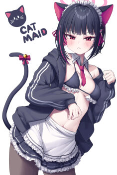 1girl animal_ears black_bra black_hair black_pantyhose blue_archive blush bra breasts cat_ears cat_tail cleavage closed_mouth colored_inner_hair cowboy_shot dated_commentary detached_collar hair_between_eyes highres kazusa_(blue_archive) looking_at_viewer maid_headdress metaljelly multicolored_hair navel pantyhose pink_hair short_hair siddham simple_background standing tail underwear v-shaped_eyebrows white_background