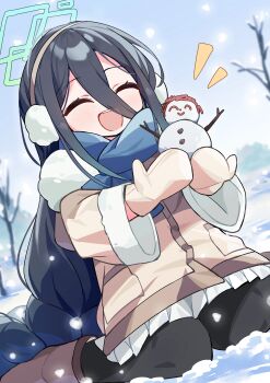 Rule 34 | 1girl, :d, ^ ^, absurdly long hair, absurdres, aqua halo, aris (blue archive), aris (winter) (blue archive), bare tree, black hair, black pantyhose, blue archive, blue scarf, boots, braid, brown boots, brown coat, brown mittens, character snowman, chinese commentary, closed eyes, coat, commentary request, cupping hands, doodle sensei (blue archive), double-parted bangs, dutch angle, earmuffs, foot out of frame, fur-trimmed coat, fur-trimmed sleeves, fur trim, hair between eyes, halo, happy, highres, holding, holding snowman, hood, hood down, hooded coat, light blush, long hair, long hair between eyes, long sleeves, low-braided long hair, low-tied long hair, miniskirt, mittens, mogu kinoko, notice lines, official alternate costume, official alternate hairstyle, on ground, open mouth, outdoors, own hands together, pantyhose, pleated skirt, pocket, scarf, sensei (blue archive), sidelocks, sitting, skirt, sky, smile, snow, snowing, snowman, solo, teeth, tree, triangle halo, upper teeth only, very long hair, wariza, white skirt, wide sleeves, winter, winter clothes, winter coat