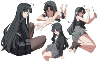 1girl :p absurdres ahoge awa_subaru bare_shoulders barefoot black_hair commentary_request dddm drumsticks girls_band_cry grin highres holding holding_drumsticks long_hair long_sleeves looking_at_viewer lying multiple_views open_mouth pantyhose parted_bangs pleated_skirt purple_eyes sailor sailor_collar sailor_shirt school_uniform serafuku shirt sidelocks simple_background sitting skirt smile solo teeth togenashi_togeari tongue tongue_out white_background white_shirt