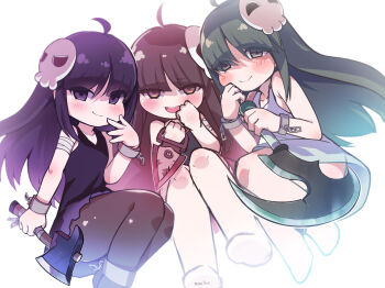 Rule 34 | 3girls, absurdres, ahoge, axe, bandaged arm, bandages, black dress, black pantyhose, blush, brown eyes, brown hair, closed mouth, commentary request, cuffs, dress, ebi (il14021), green eyes, green hair, grey dress, highres, holding, holding axe, long hair, looking at viewer, maison (trickcal), mask, mask on head, multiple girls, open mouth, pantyhose, purple eyes, purple hair, sari (trickcal), signature, teeth, trickcal, veroo (trickcal), white background