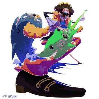 Rule 34 | 1boy, ^ ^, afro, ascot, black boots, black hair, blue ascot, boots, brook (one piece), closed eyes, commentary, feather boa, floral print pants, full body, guitar, highres, holding, holding guitar, holding instrument, instrument, laboon, msudrawings, one piece, skeleton, whale, white background