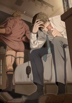 2boys arm_hair bara bedroom beer_can black_socks blue_necktie bottomless brown_hair can collared_shirt commentary covered_eyes diagonal-striped_clothes diagonal-striped_necktie doodlefish dressing drink_can english_commentary grey_pants grey_socks hair_over_eyes hand_on_own_head heavy_breathing highres holding_blister_pack implied_after_sex implied_yaoi instagram_username leg_hair legwear_garter light_blush long_shirt male_focus multiple_boys muscular muscular_male musical_note necktie on_bed open_clothes open_shirt open_wallet original pants parted_lips partially_unbuttoned red_shirt shiny_skin shirt shoes sitting skindentation sleeves_rolled_up socks spoken_musical_note standing striped_clothes striped_necktie suit_pants sweat thick_thighs thighs twitter_username undone_garter undone_necktie unworn_collar unworn_shoes wallet white_shirt