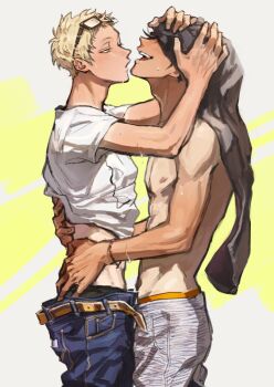 Rule 34 | 2boys, adam's apple, belt, black-framed eyewear, black hair, black shirt, blonde hair, clothes lift, commentary request, denim, eyewear on head, from side, glasses, haikyuu!!, hot, jeans, kuroo tetsurou, lifting another's clothes, looking at another, male focus, male underwear, male underwear peek, multiple boys, nipples, open belt, open fly, open mouth, pants, sato (sato 1 11), shirt, shirt lift, shirt tan, short hair, smile, sweat, tan, tanline, teeth, topless male, tsukishima kei, underwear, unworn shirt, white shirt, yaoi