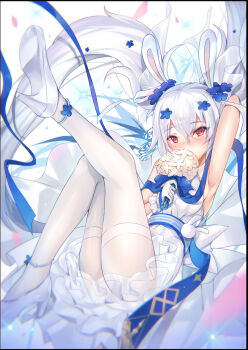 animal_ears armpits azur_lane bare_shoulders black_border blue_flower blue_ribbon blush border breasts dress flower gloves hair_ornament high_heels inoue_takuya_(tactactak) laffey_(azur_lane) laffey_(white_rabbit&#039;s_oath)_(azur_lane) leggings letterboxed long_hair official_alternate_costume pantyhose petals rabbit_ears red_eyes ribbon shoes solo strapless strapless_dress thighband_pantyhose twintails very_long_hair wedding_dress white_dress white_gloves