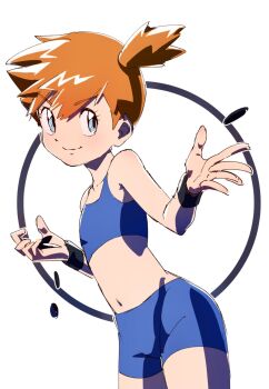 1girl asymmetrical_hair blue_eyes blue_shorts blush breasts closed_mouth crop_top eyelashes gen_1_pokemon gym_leader highres looking_at_viewer midriff misty_(pokemon) navel nintendo orange_hair pokemon pokemon_frlg pokemon_tcg pokemon_tcg_pocket ponytail short_hair short_shorts shorts side_ponytail smile solo standing thighs wristband