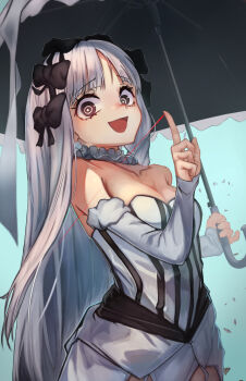 1girl bare_shoulders black_bow black_eyes bow braid breasts cleavage collar colored_inner_hair commentary_request detached_sleeves dress fate/strange_fake fate_(series) francesca_prelati_(fate) frilled_collar frills garter_straps grey_hair hair_bow highres index_finger_raised long_hair looking_at_viewer medium_breasts motivation_(user_kace3282) multicolored_hair open_mouth panties parted_bangs ringed_eyes sidelocks smile solo striped_clothes striped_dress thread umbrella underwear very_long_hair white_dress white_hair white_panties