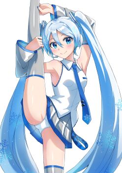 1girl bare_shoulders blue_eyes blue_hair blue_nails blue_necktie breasts closed_mouth commission detached_sleeves feet_out_of_frame grey_skirt grey_sleeves grey_thighhighs hair_between_eyes hatsune_miku headset highres leg_up long_hair looking_at_viewer nail_polish necktie panties pixiv_commission pleated_skirt print_necktie shirt simple_background skirt sleeveless sleeveless_shirt small_breasts smile snowflake_print solo split standing standing_on_one_leg standing_split supo01 thighhighs tie_clip twintails underwear very_long_hair vocaloid white_background white_panties white_shirt wide_sleeves yuki_miku
