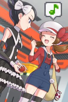 2girls :d bag blue_eyes blue_overalls blurry blurry_background bow brown_hair clenched_hand closed_eyes closed_mouth commentary_request eyelashes hair_bow hat hat_bow highres holding holding_poke_ball holding_strap lyra_(pokemon) marley_(pokemon) merymalia multiple_girls musical_note nintendo open_mouth overalls poke_ball poke_ball_(basic) pokegear pokemon pokemon_diamond/pearl/platinum pokemon_heartgold_and_soulsilver red_bow red_shirt shirt smile spoken_musical_note thighhighs three-quarter_sleeves twintails white_bow white_hat yellow_bag
