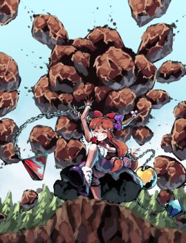 1girl arm_at_side arm_up bloomers blue_bow blue_sky blunt_bangs bobby_socks boulder bow chain closed_eyes commentary_request cube cuffs day female_focus foreshortening forest from_behind from_below gourd grin hair_bow highres holding holding_rock horn_bow horn_ornament horn_ribbon horns ibuki_suika immaterial_and_missing_power leg_up long_hair nature neck_ribbon ofuda orange_hair orb outdoors outstretched_arm outstretched_hand panties pantyshot parted_lips partial_commentary purple_shoes purple_skirt pyramid_(geometry) red_bow red_ribbon ribbon ribbon-trimmed_skirt ribbon_trim rock shackles shirt shoes sidelocks skirt sky sleeveless sleeveless_shirt smile socks solo spell_card standing standing_on_one_leg sunnysideup swept_bangs teeth telekinesis torn_clothes torn_sleeves touhou underwear upskirt v-shaped_eyebrows very_long_hair white_ribbon white_shirt white_socks wrist_cuffs